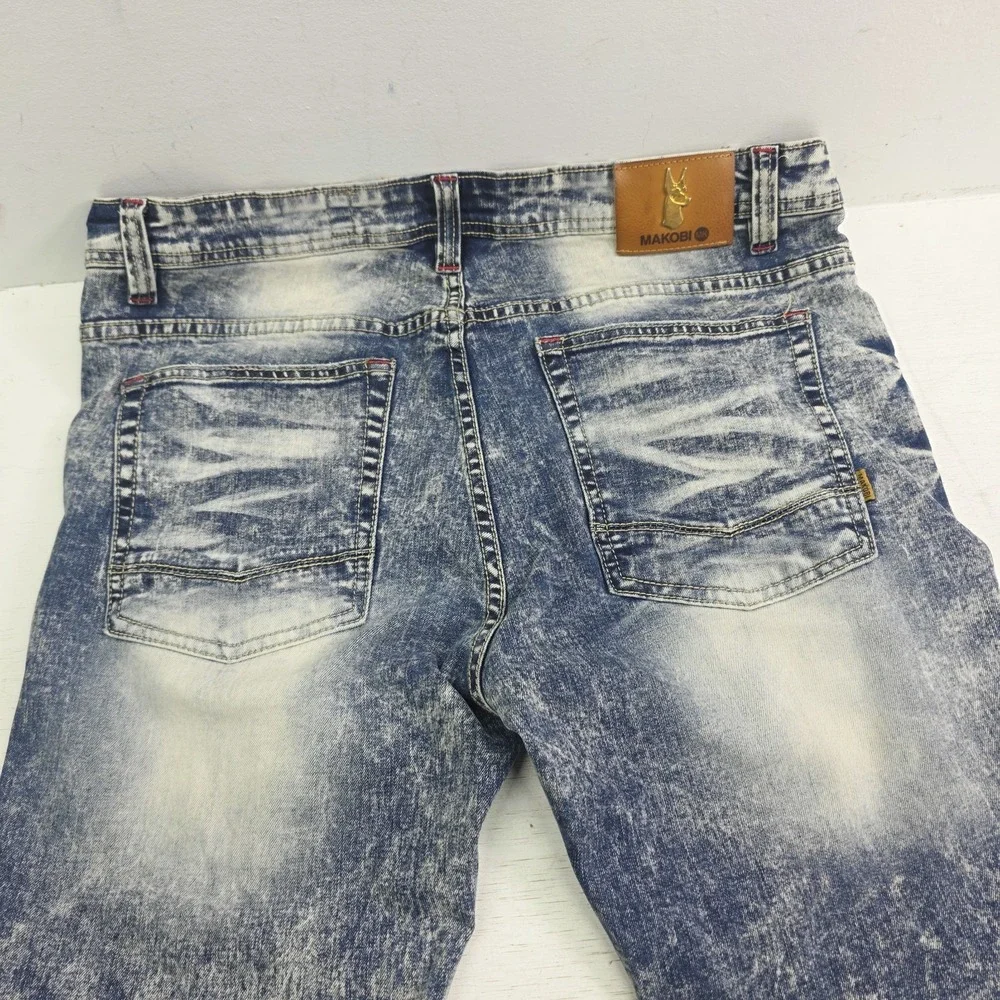 Makobi Biker Jeans Men's Size 36x32 Acid Wash Distressed Paint Splatter Moto